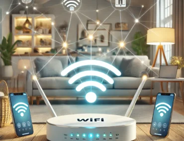 DALL·E 2024-10-27 11.32.23 - A modern, engaging image showing a WiFi router with strong signal lines reaching multiple devices (smartphones, laptops, smart home devices) around a