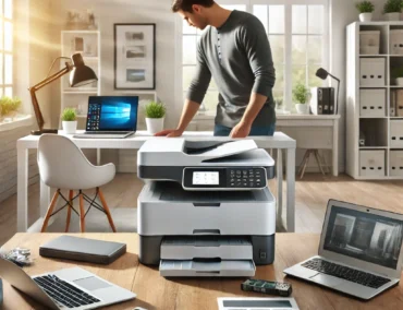 DALL·E 2024-10-27 15.43.51 - A modern, professional image showing a technician setting up a home office printer. The scene includes a sleek printer being connected to a laptop and