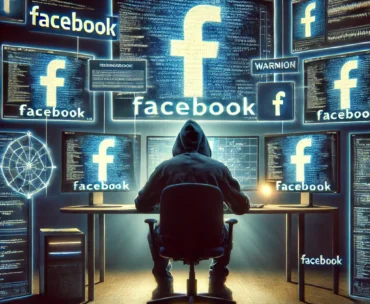 DALL·E 2024-10-27 20.02.12 - A creative and dramatic illustration of a person hacking Facebook. The scene shows a shadowy figure sitting in front of multiple computer screens disp