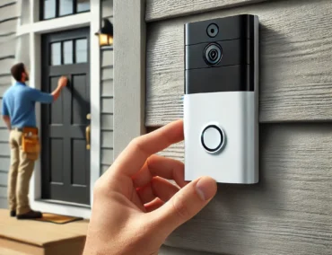 DALL·E 2024-10-29 10.23.29 - A realistic image of a technician installing a small, modern smart doorbell on the exterior of a home. The doorbell is sleek, featuring a camera and a