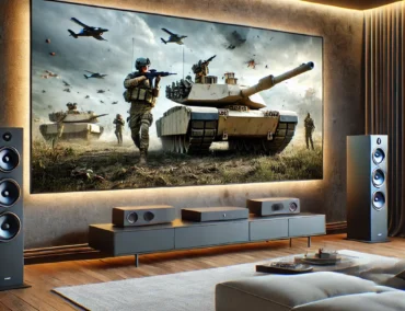 DALL·E 2024-10-29 10.38.23 - A realistic image of a modern living room with a subtle, immersive war movie effect due to a surround sound system. The TV on the wall shows a battle